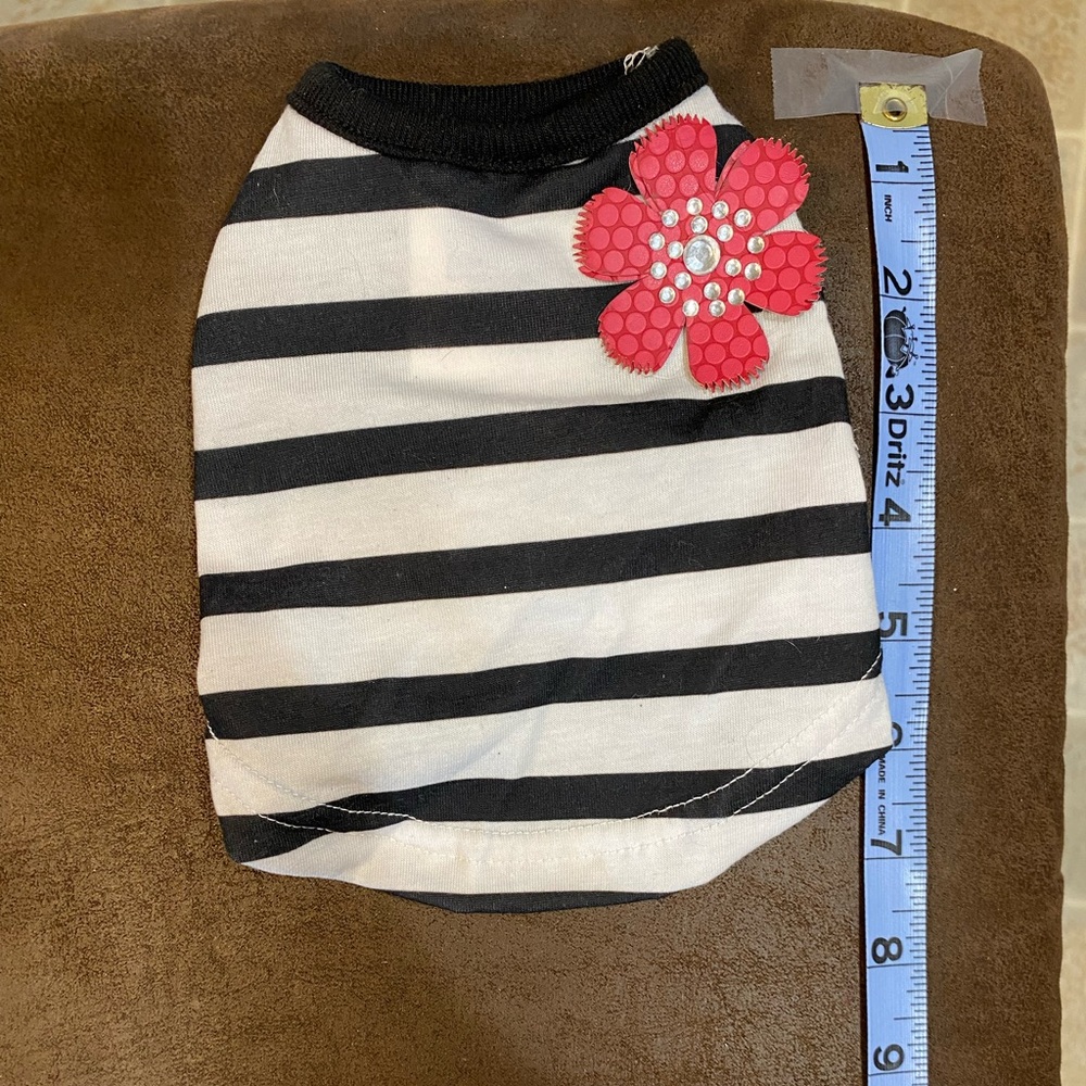 Top Paw Black and White Striped Small Dog Shirt with Pink Floral Detail